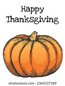 Happy Thanksgiving card. Color outline pumpkin on white background. Vector illustration. Farm market product. Detailed vegetarian food sketch.  Farmer market, harvest festival.