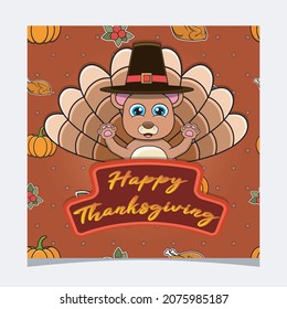 Happy Thanksgiving Card With Cute Bear Character Design. Greeting Card, Poster, Flyer and Invitation. Vector and Illustration.