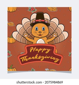 Happy Thanksgiving Card With Cute Cat Character Design. Greeting Card, Poster, Flyer and Invitation. Vector and Illustration.