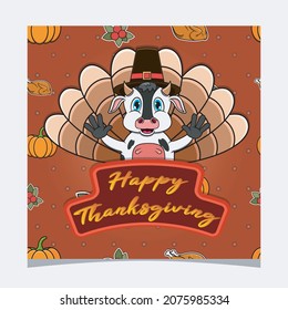 Happy Thanksgiving Card With Cute Cow Character Design. Greeting Card, Poster, Flyer and Invitation. Vector and Illustration.