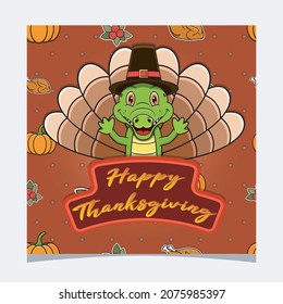 Happy Thanksgiving Card With Cute Crocodile Character Design. Greeting Card, Poster, Flyer and Invitation. Vector and Illustration.