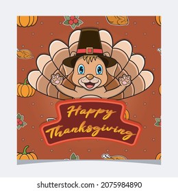 Happy Thanksgiving Card With Cute Dog Character Design. Greeting Card, Poster, Flyer and Invitation. Vector and Illustration.