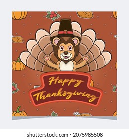 Happy Thanksgiving Card With Cute Lion Character Design. Greeting Card, Poster, Flyer and Invitation. Vector and Illustration.