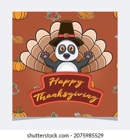 Happy Thanksgiving Card With Cute Panda Character Design. Greeting Card, Poster, Flyer and Invitation. Vector and Illustration.