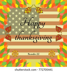 Happy thanksgiving card with decorative leaf elements. Flat vector stock illustration. colorful design