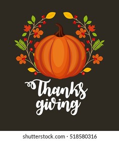 happy thanksgiving card with decorative pumpkin icons and wreath of autumn leaves. colorful design. vector illustration