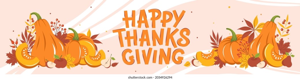 Happy thanksgiving. Card design with autumn colorful leaves, harvest pumpkin and fruit on cart. Vector illustration for holiday greeting card, banner, poster.
