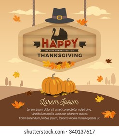 Happy Thanksgiving Card Design. Happy Thanksgiving Day On Wooden Board Hanging. Vector illustration