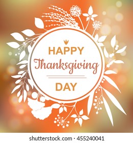 Happy Thanksgiving card design with elegant branch round frame and text, vector illustration. Lettering design