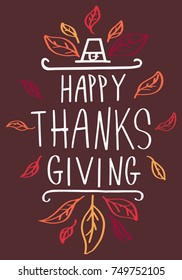 Happy Thanksgiving Card Design Handdrawn Letters Drawing Leafs Style Brush