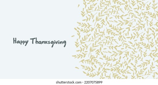 Happy Thanksgiving card design. Hand-lettered greeting phrase, decoration with autumn leaves, berries, strobiles, oak acorns on light-blue background