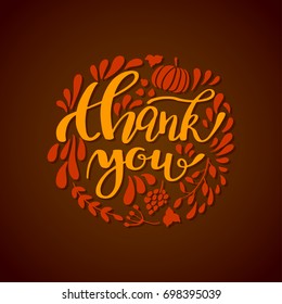 Happy Thanksgiving card design with leaves, fruits and pumpkin round frame and text Thank you, vector illustration. Lettering design