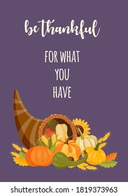Happy Thanksgiving card design with text and cornucopia full of pumpkins. Vector illustration