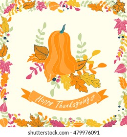 Happy Thanksgiving card design. Vector illustration of pumpkin with flowers, leaves and ribbon.