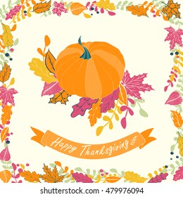 Happy Thanksgiving card design. Vector illustration of pumpkin with flowers, leaves and ribbon.