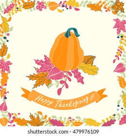 Happy Thanksgiving card design. Vector illustration of pumpkin with flowers, leaves and ribbon.