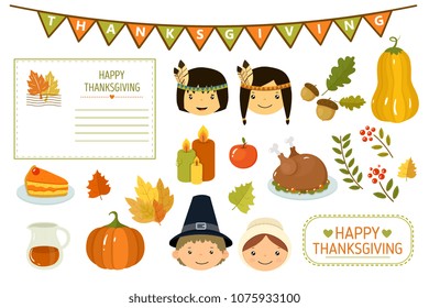 Happy Thanksgiving card, elements of Thanksgiving celebration, American Indian kids, pumpkin, autumn leaves, turkey, candles, party flags vector Illustration