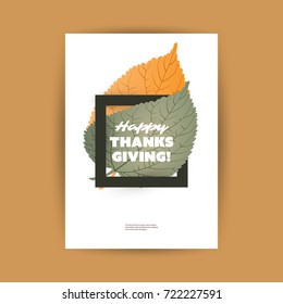 Happy Thanksgiving Card or Flyer Design Template with Autumn Leaves