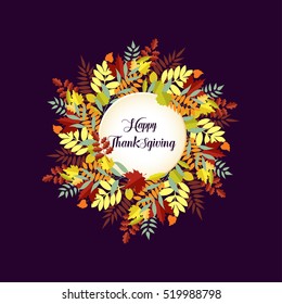 Happy Thanksgiving card and flyer template with text space. Vector illustration with hand drawn branches and leaves. Sketch, design elements. Decor for invitations, greeting cards, posters, covers.