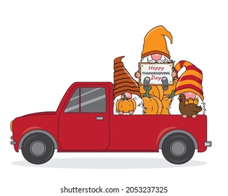 Happy thanksgiving card. Gnomes inside the vehicle with pumpkins. Isolated vector	
