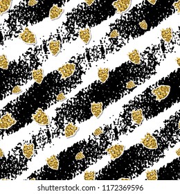 Happy Thanksgiving card. Gold leaves on black and white striped background. Cute autumn seamless pattern. Design for greeting card and invitation of seasonal fall holidays, halloween, Give thanks