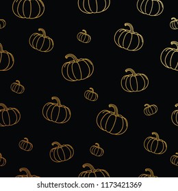 Happy Thanksgiving card. Gold pumpkin on white background. Cute autumn seamless pattern. Design for greeting card and invitation of seasonal fall holidays, halloween, Give thanks, autumn