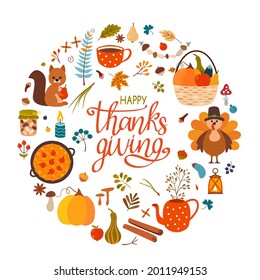 Happy Thanksgiving card, hand lettering. set of autumn icons: leaves, mushrooms, acorns, turkey, squirrel, bird. vector illustration in a frame