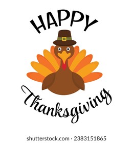 Happy Thanksgiving card with holiday turkey. Thanksgiving day printable tag, sticker. Fall appreciation Thank you illustration with typography messages.