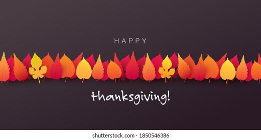 Happy Thanksgiving Card Layout, Landing Page Design Template with Fallen Autumn Leaves