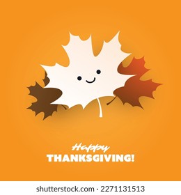 Happy Thanksgiving Card Layout with Smiling Face on Maple Tree Leaf, Design Template with Scattered Fallen Autumn Leaves