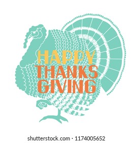 Happy Thanksgiving card with lettering decoration and turkey bird silhouette background