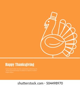 Happy Thanksgiving card with line turkey bird in pilgrim hat and copy space, vector illustration. Can be used for background, sale promotion, brochure, card, banner