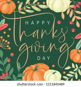 Happy thanksgiving card with modern brush calligraphy and hand drawn decorative frame. Vintage style. Vector illustration.