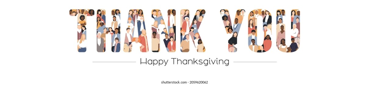 Happy Thanksgiving card. Multicultural group. Thank you lettering. Flat vector illustration.	