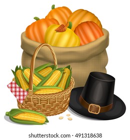 Happy Thanksgiving card. Piligrim hat with bag full orange pumpkins and basket full corn. Vector illustration