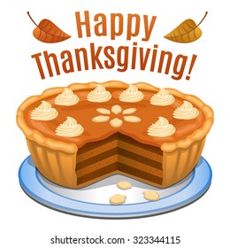 Happy Thanksgiving card, poster, background with pumpkin pie and orange pumpkin. Vector illustration