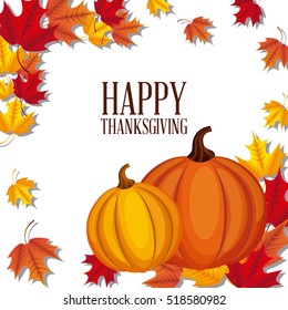 happy thanksgiving card with pumpkins and decorative dry leaves. colorful design. vector illustration