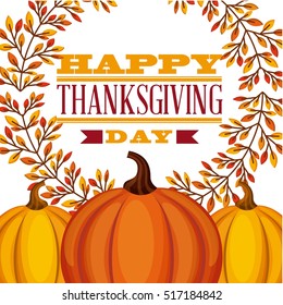 happy thanksgiving card with pumpkins icons and decorative leaves wreath. colorful design. vector illustration