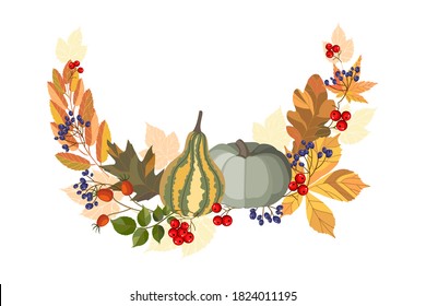 Happy Thanksgiving card with pumpkins and leaves. Vector illustration on white background.