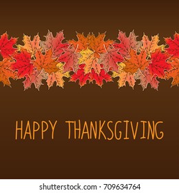 Happy Thanksgiving card template with red, yellow, orange maple leaves. Autumn motif