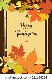 Happy Thanksgiving card template. Vector illustration with hand drawn branches and autumn leaves. Sketch, design elements. Decor for invitations, greeting cards, posters, covers.