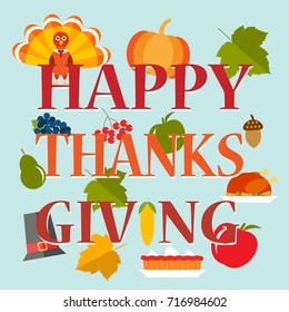 Happy Thanksgiving card  with turkey bird, pumpkin, traditional pie, fruits, etc. Banner, postcard with  holiday text or title  