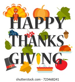 Happy Thanksgiving card  with turkey bird, pumpkin, traditional pie, fruits, etc. Banner, postcard with holiday text or title  