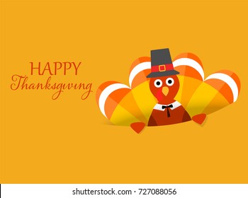 Happy Thanksgiving card with turkey bird in pilgrim hat, vector illustration. Festive background 