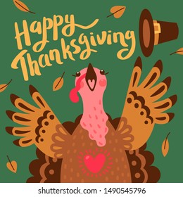 Happy Thanksgiving card with turkey. Cartoon Character Turkey.