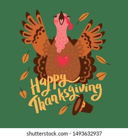 Happy Thanksgiving card with turkey. Cartoon Character Turkey.