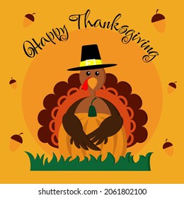 Happy thanksgiving card. A turkey hugging a pumpkin. Perfect for everything about thanksgiving day