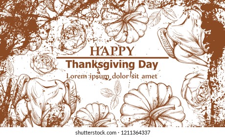 Happy thanksgiving card with turkey and pumpkins Vector. Line art grunge background detailed illustrations