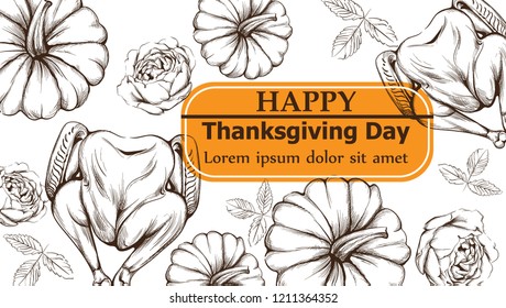 Happy thanksgiving card with turkey and pumpkins Vector. Line art grunge background detailed illustrations