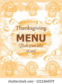Happy thanksgiving card with turkey and pumpkins Vector. Line art grunge background detailed illustrations